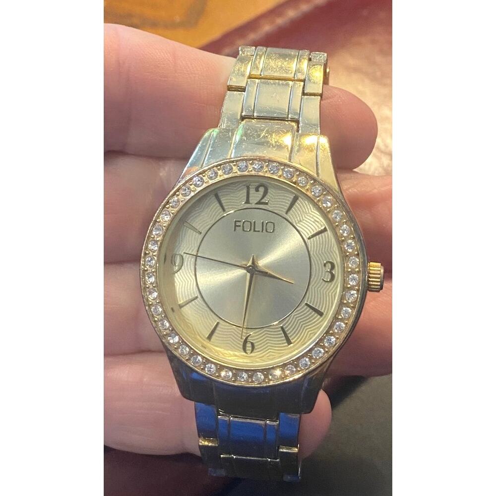 Women's Folio Watch, Light Gold Tone with Crystal Accents